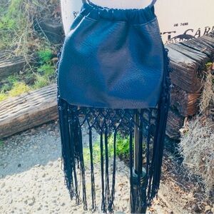 Black Fringe Bucket Bag Boho Crossbody Faux Leather Festival Purse